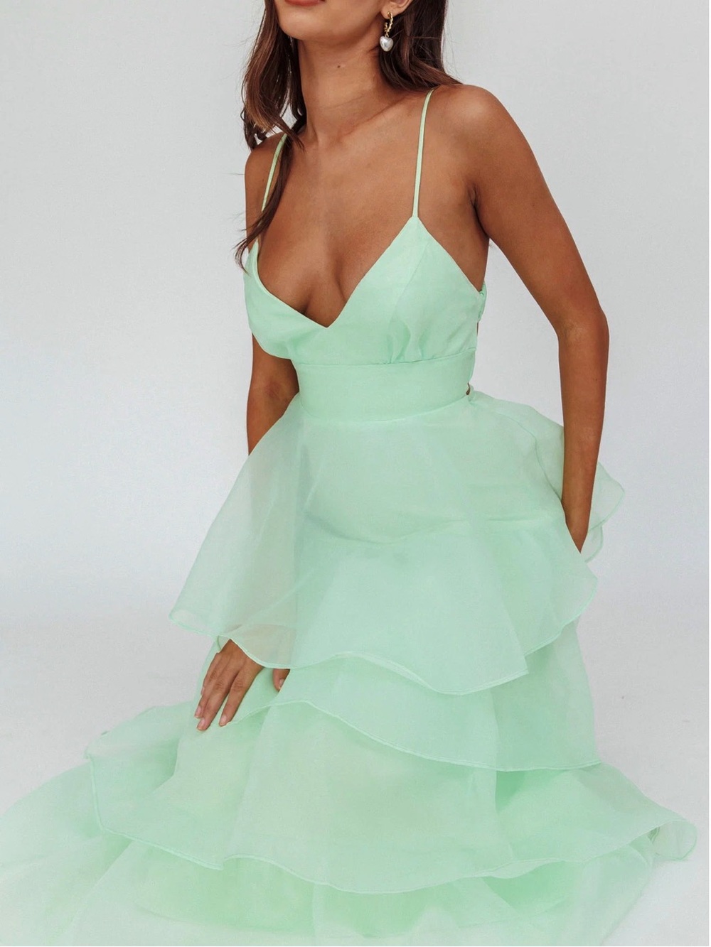 Selfie Leslie Mint Green Tiered Ruffle Spaghetti Strap Maxi Dress
